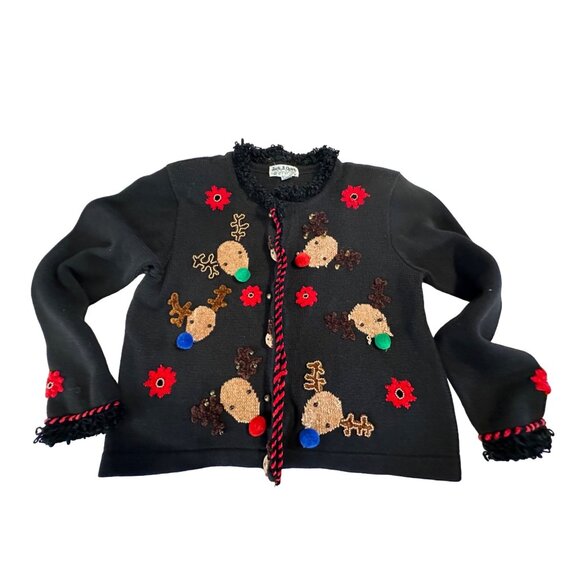 VTG BEREK Jack Be Quick Ugly  Christmas  Sweater Reindeer Woman L Embellished - Picture 1 of 16